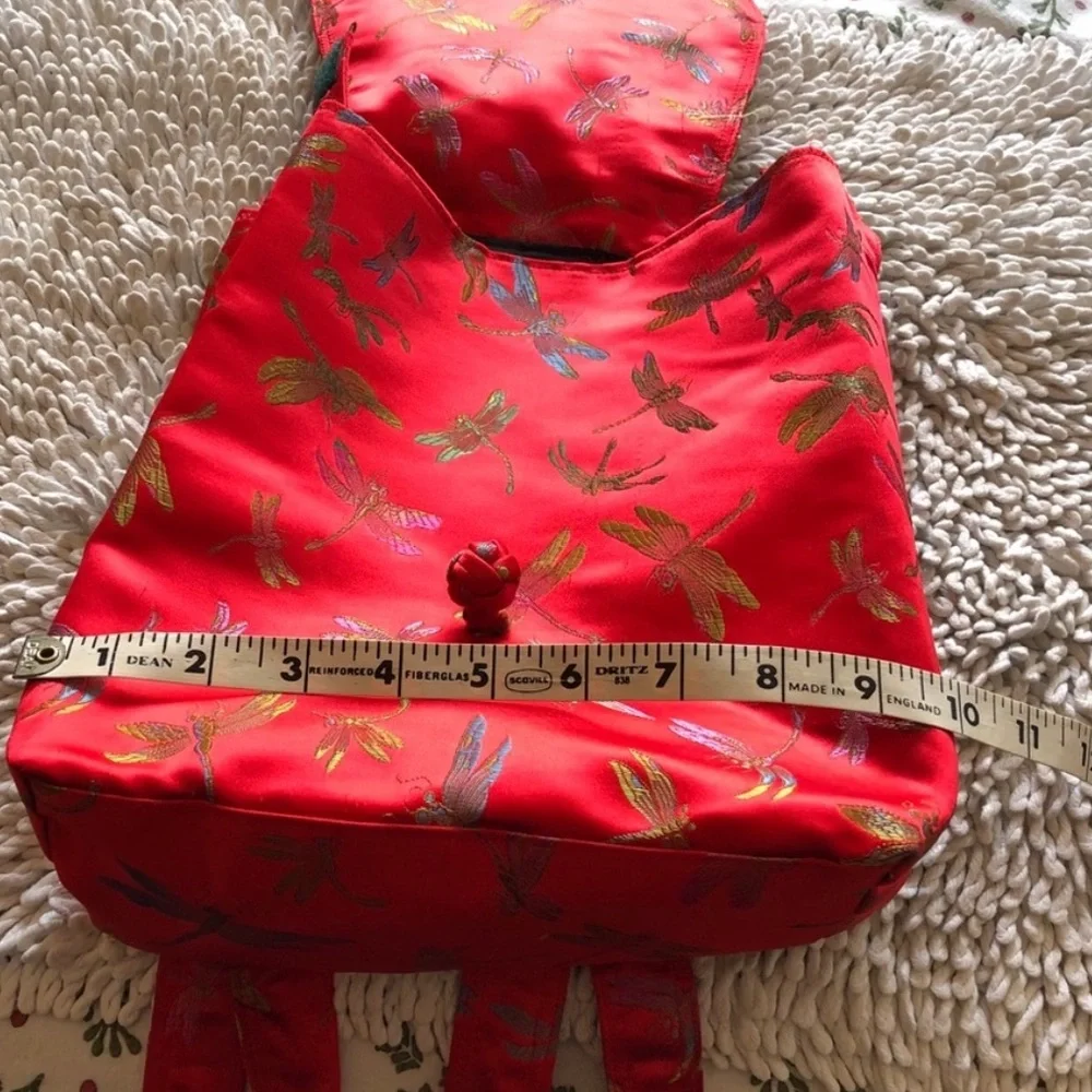 Vintage Y2K red jacquard satin dragonfly backpack bag